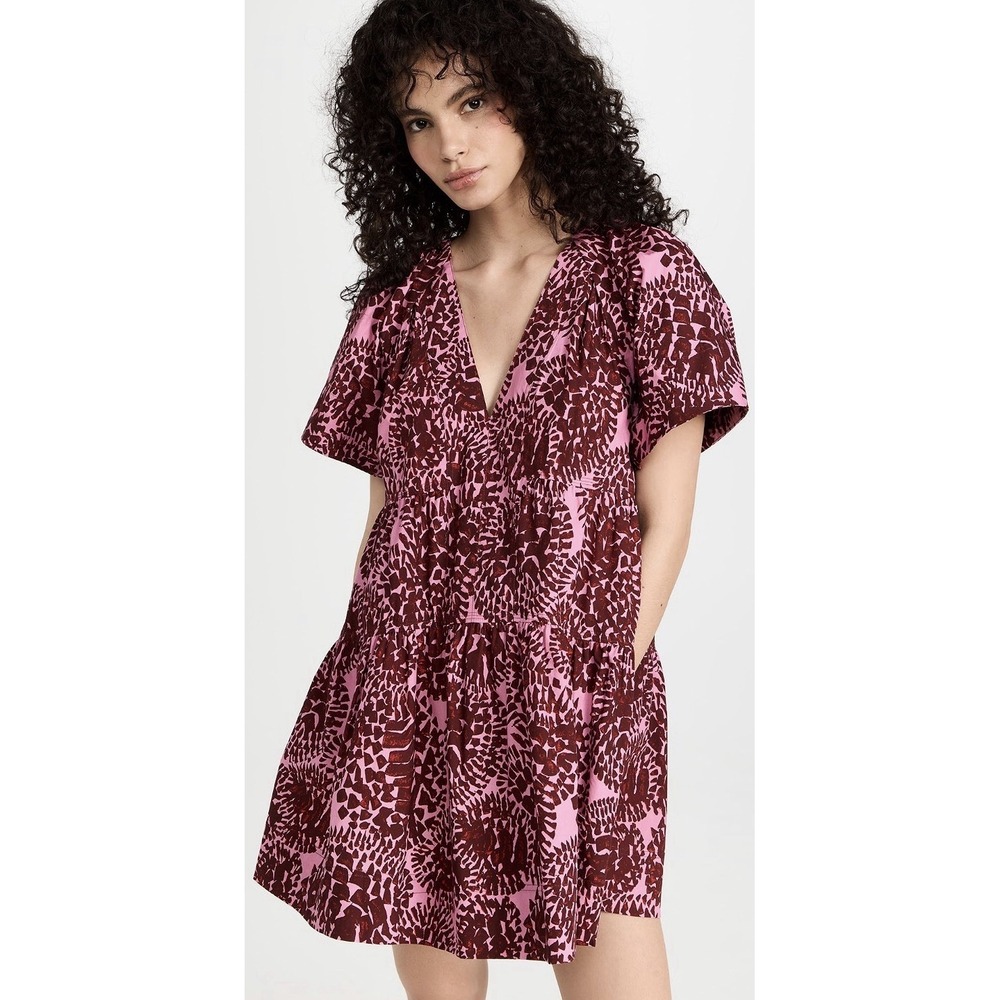 A.L.C. Camila Dress Pink Burgundy Botanical Print Cotton Tiered Mini Wide Sleeve